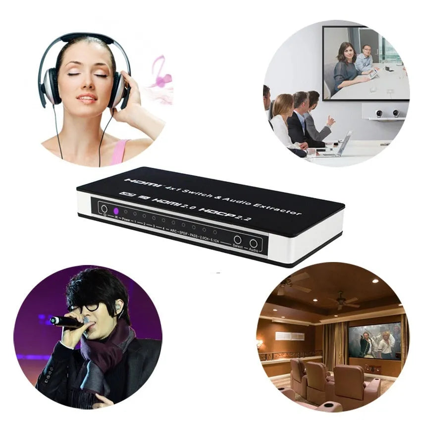 Black HDMI audio switch with remote control for 4 input 1 output video switching