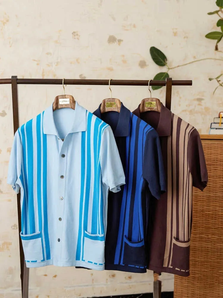 Men's striped short-sleeved polo cardigan knitted shirt with lapel collar in three colour options
