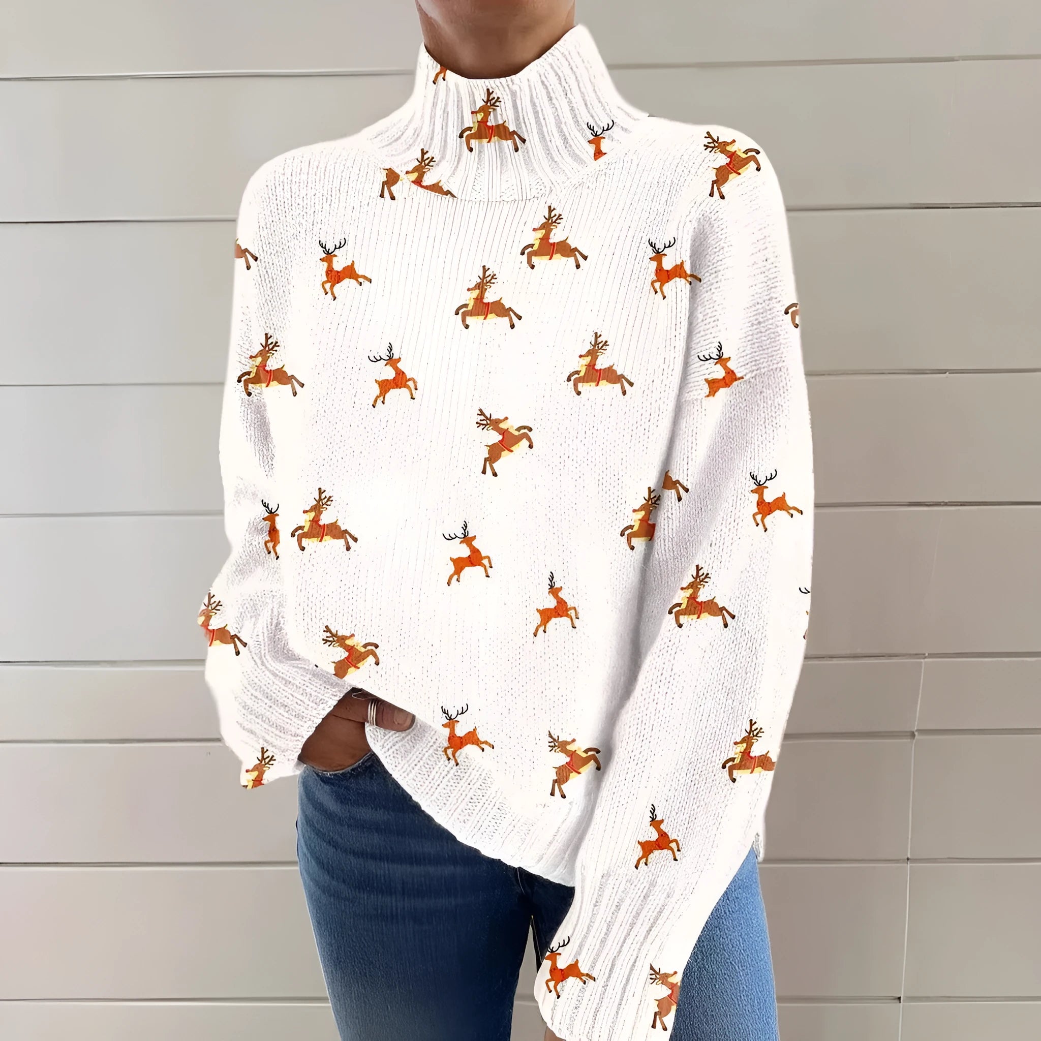 Women's printed turtleneck sweater with painting pattern in macaron colours, loose fit with long sleeves