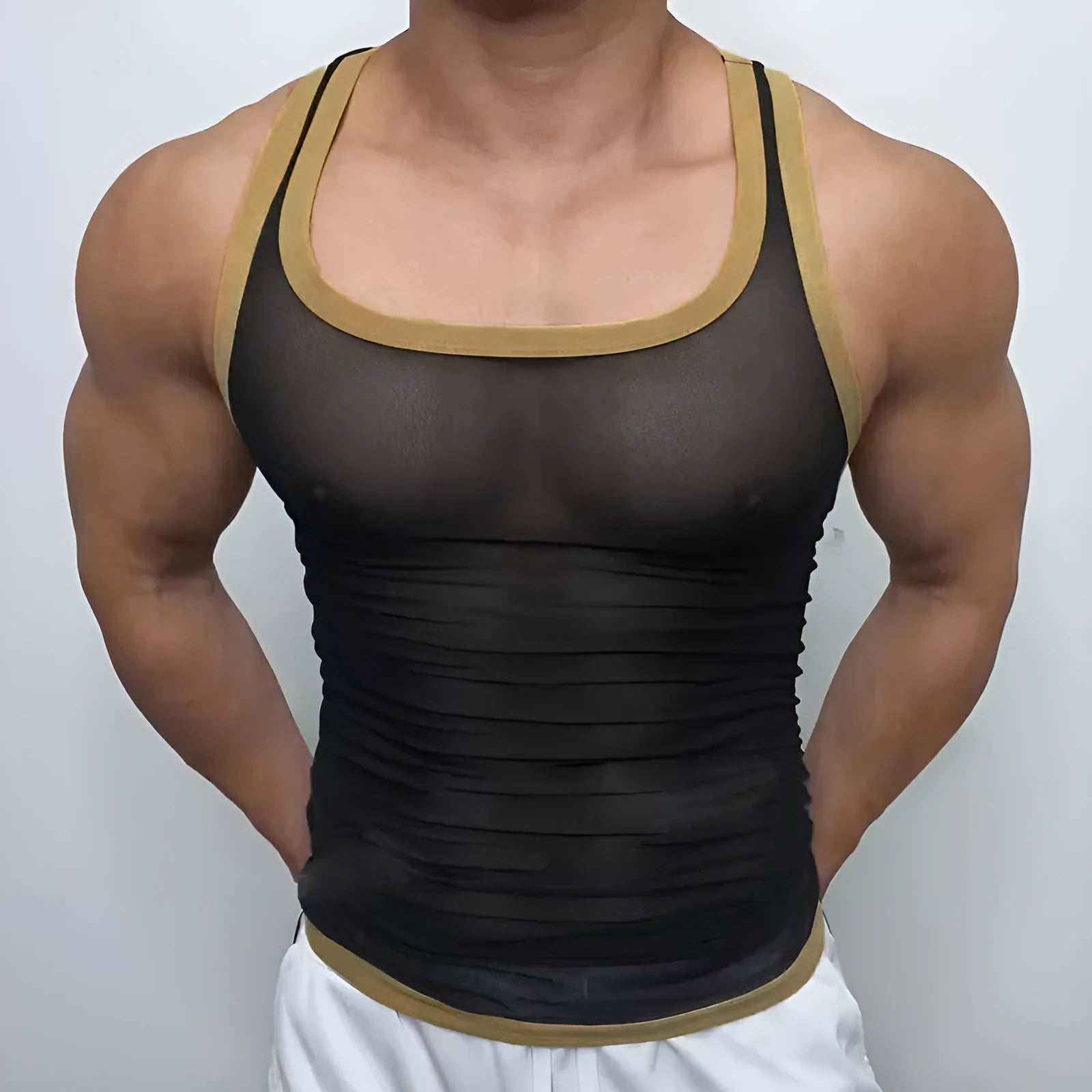 Men's solid colour polyester mesh fitness vest in white, showing straight hem design.