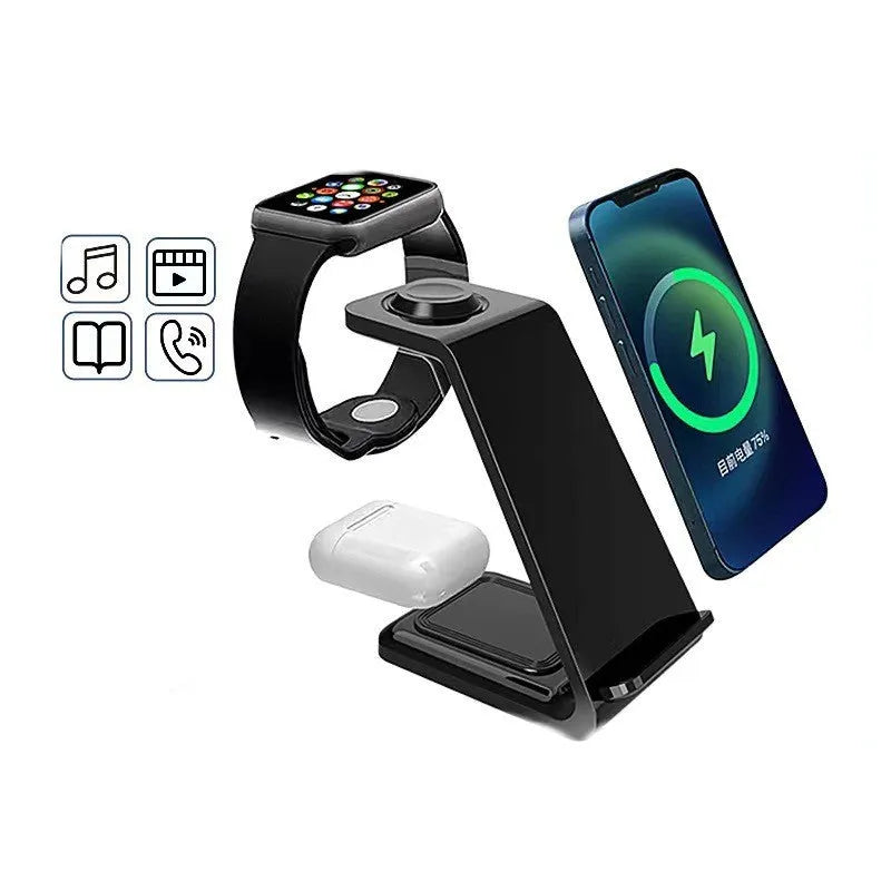 White upright wireless phone charger with dual-coil technology and QC3.0 support on a desk