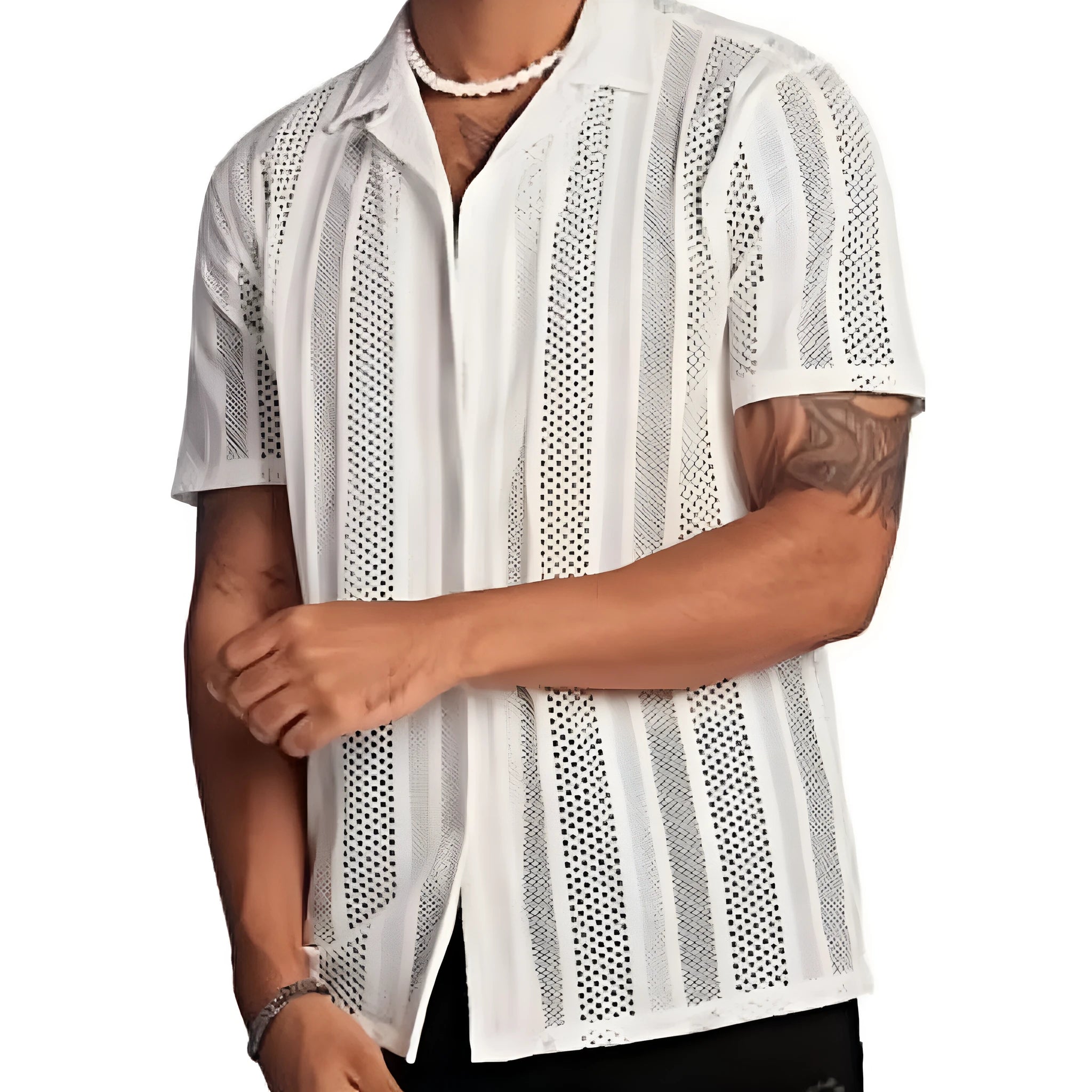Man wearing a white knitted short-sleeved button-down shirt with a cardigan style front.