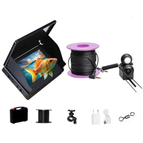 Underwater fish finder camera with 4.3-inch screen showing HD view of fish and temperature reading