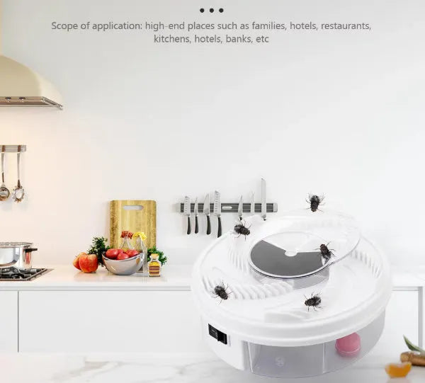 White PP USB electric fly trap on a surface with compact 205x205x80mm dimensions and 380g weight