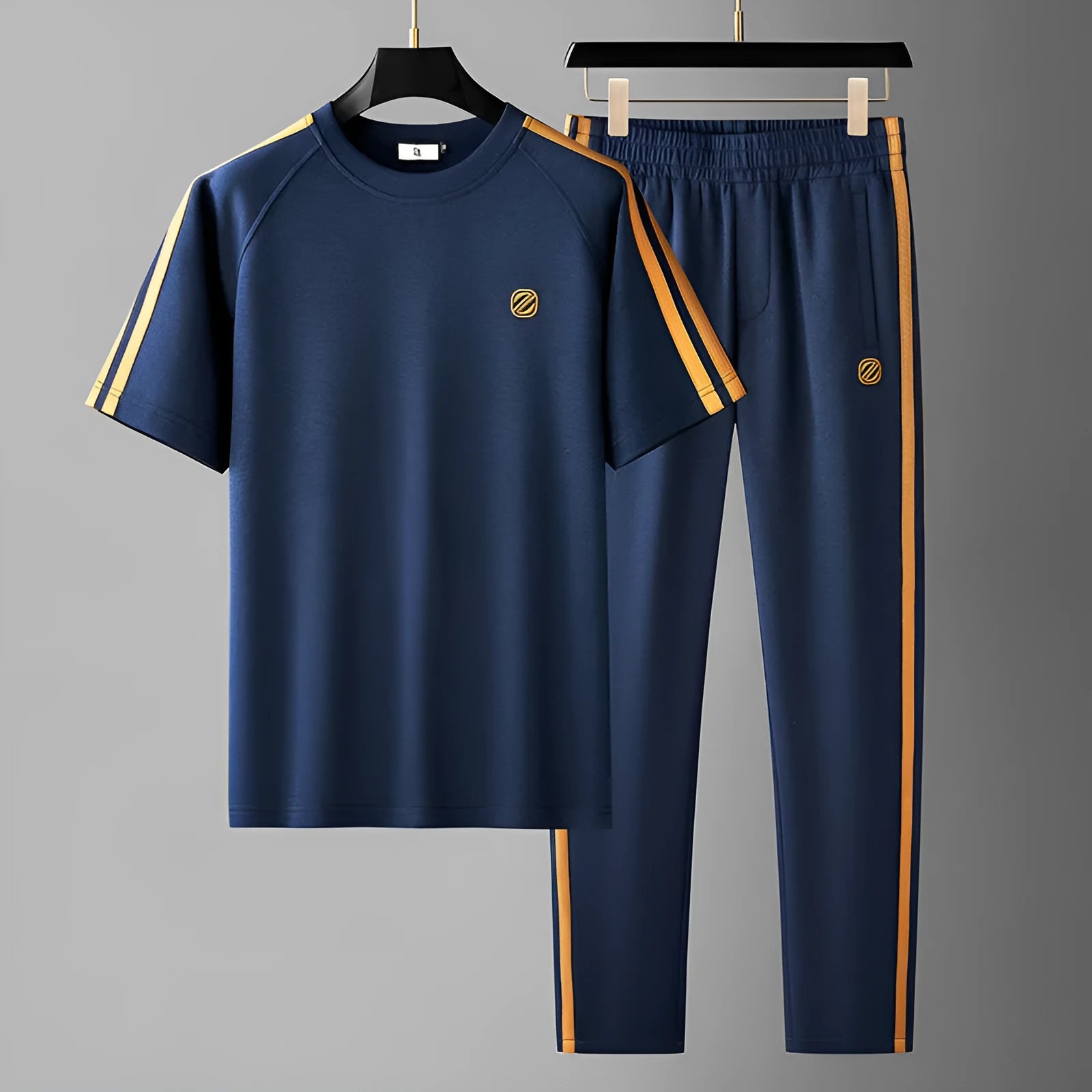 Men's blue ice silk style short sleeve suit set with top and pants on a hanger.