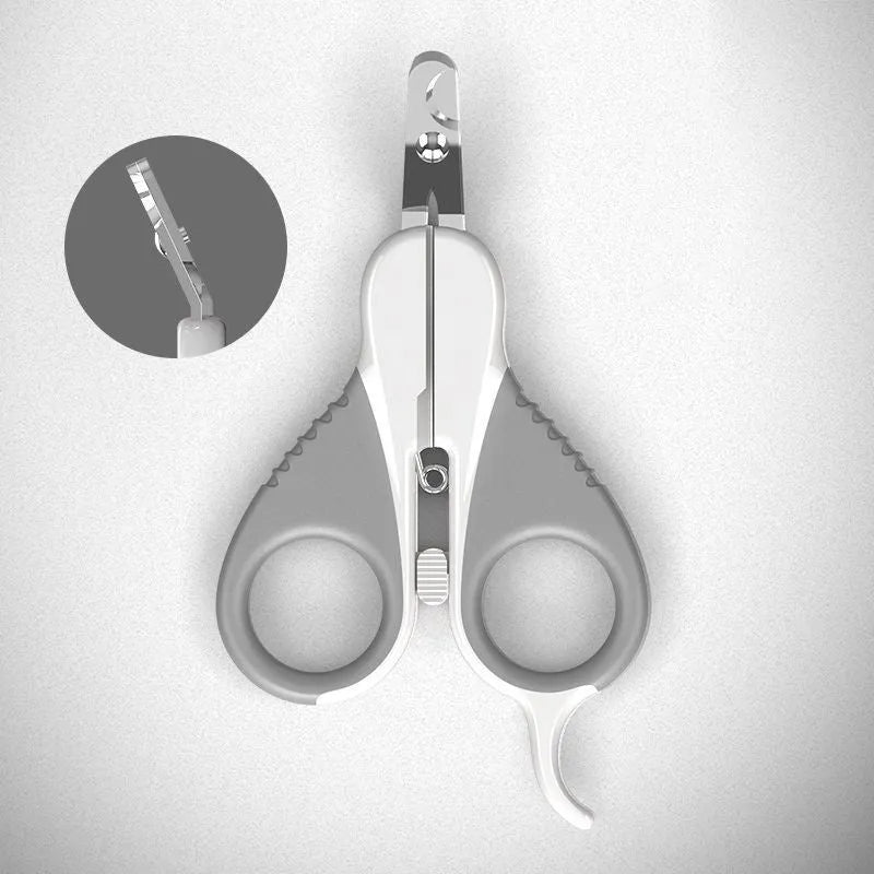 Grey and pink angled cat nail clippers with safety guard for small pets
