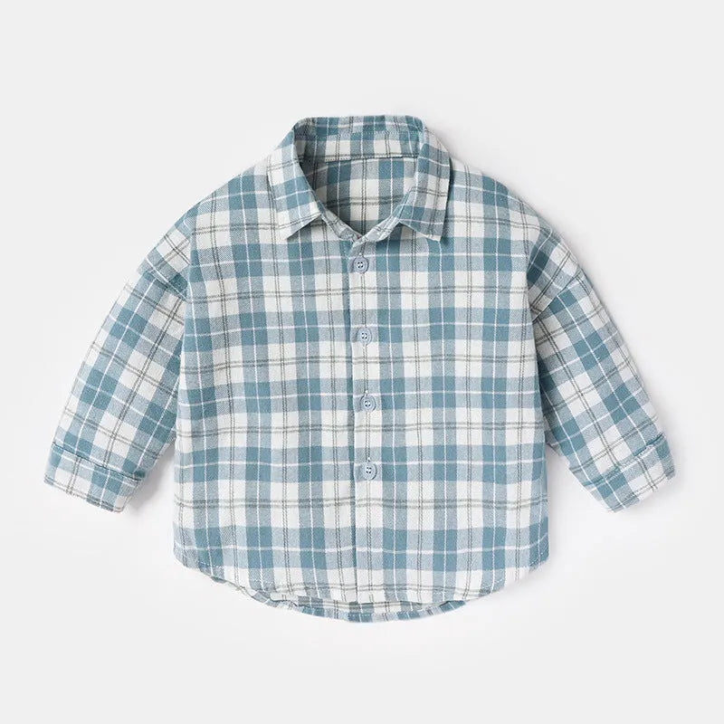 A boy's casual cotton lattice shirt with animal patterns, shown in khaki, light blue, pink, or yellow colour options.