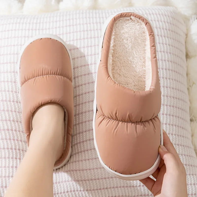 Down cotton slippers with artificial leather upper and thick rubber soles in multiple colour options