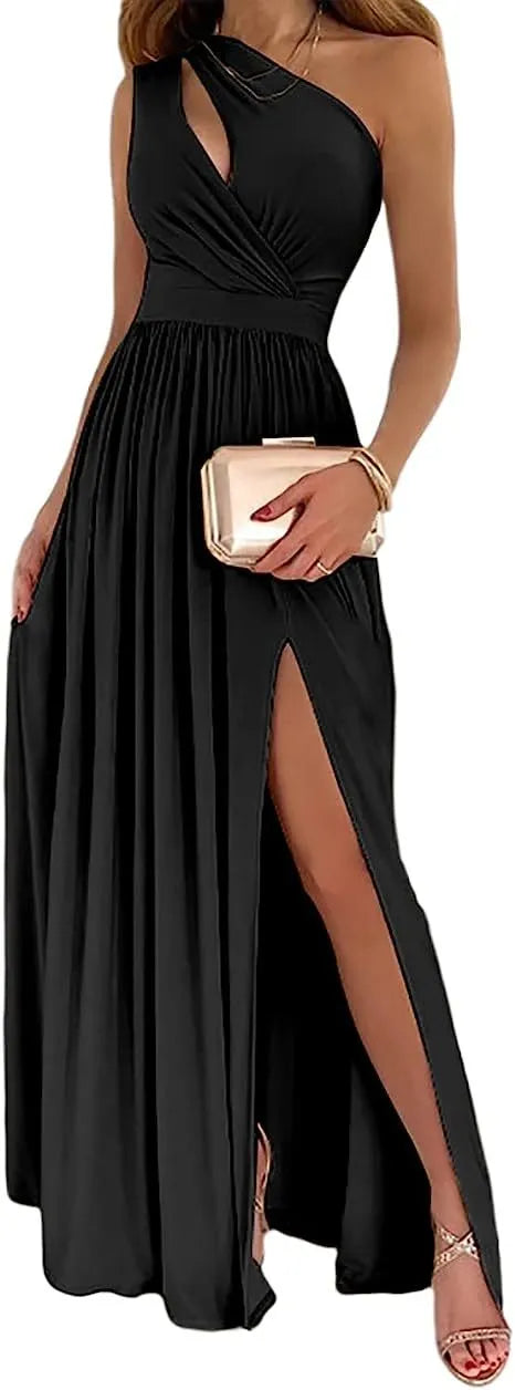 Women's one shoulder high split maxi dress in apricot with cutout detail and sleeveless design