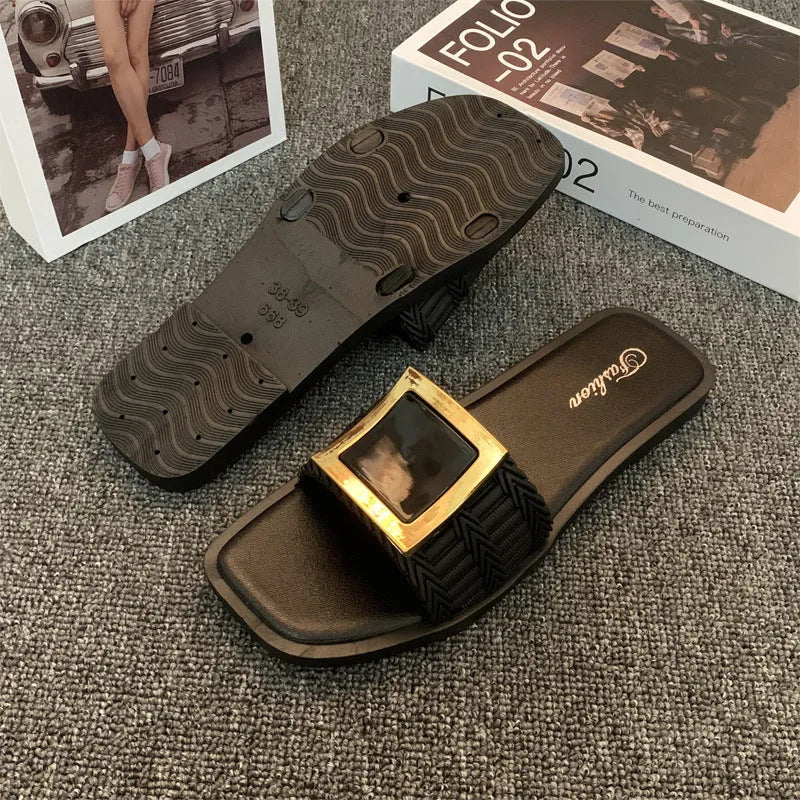 Women's casual summer flat slippers in apricot, black, or khaki with a non-slip PVC sole.