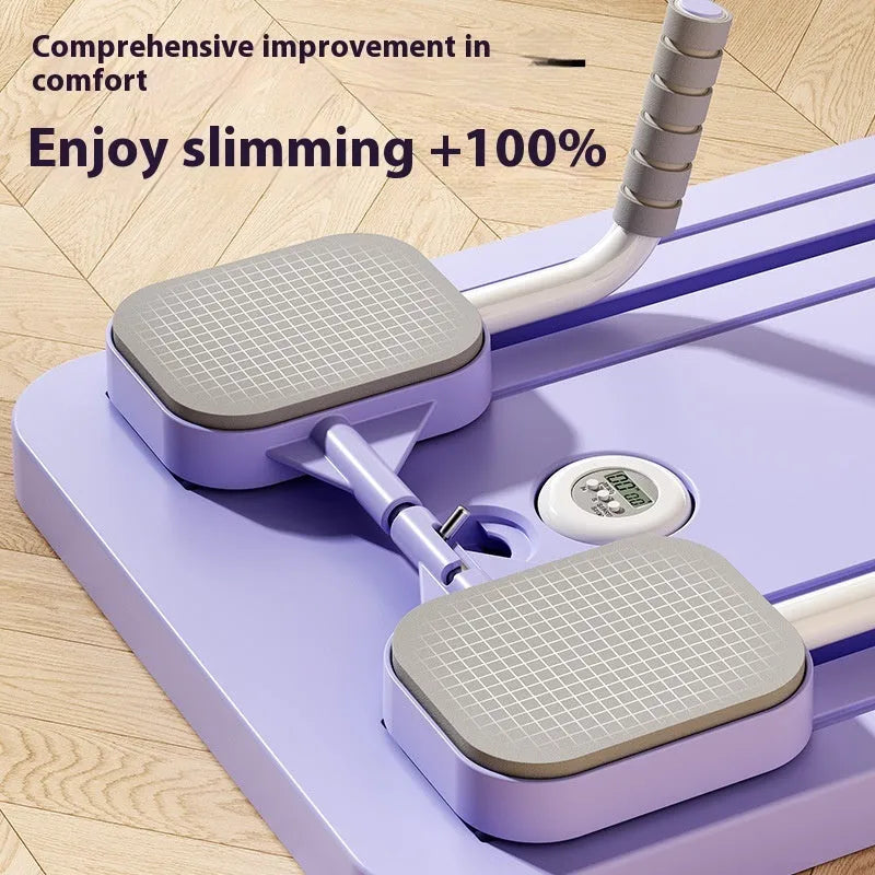 Standard purple PP plastic fitness board with abdominal wheel for home exercise.