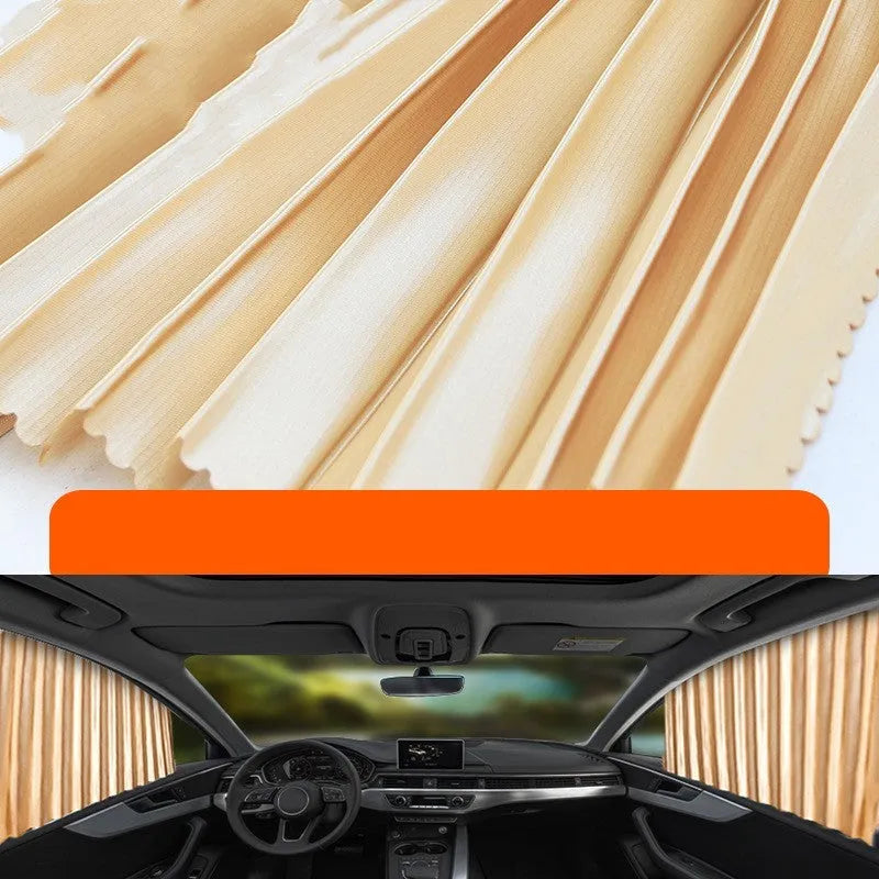 Auto-retractable roller shutter car sunshade curtain in thick opaque cloth.