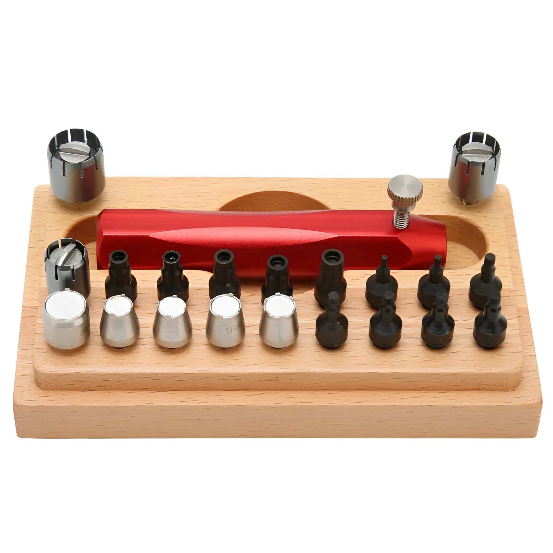 20-piece steel watch repair tool set with open tube tool in a black storage case.