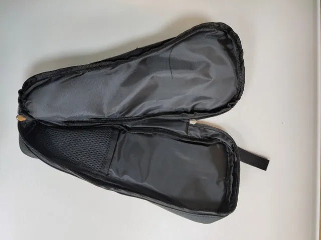 Black cloth storage bag for mobile phone stabilizer with zipped closure and multiple interior compartments