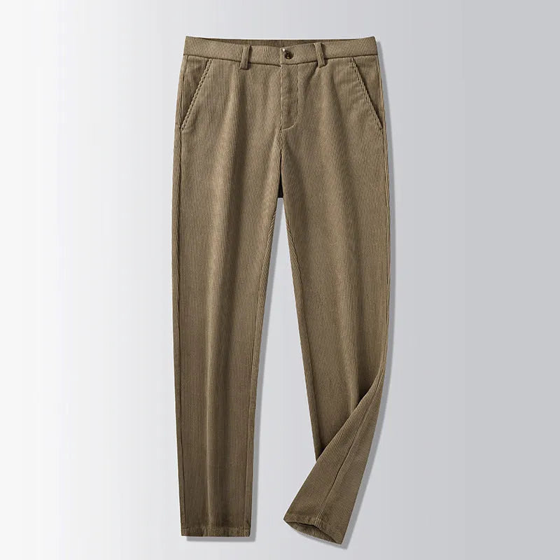 British retro striped straight leg trousers in a chemical fibre blend, shown in khaki colour.