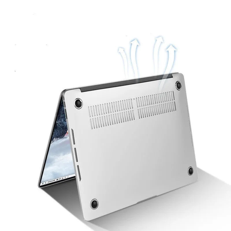 Hard transparent protective case for Apple MacBook Pro laptop showing port cutouts