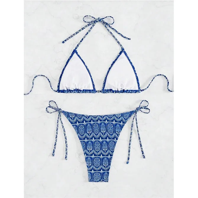 Women's split bikini swimsuit with bandage briefs and decorative printing in polyester fabric