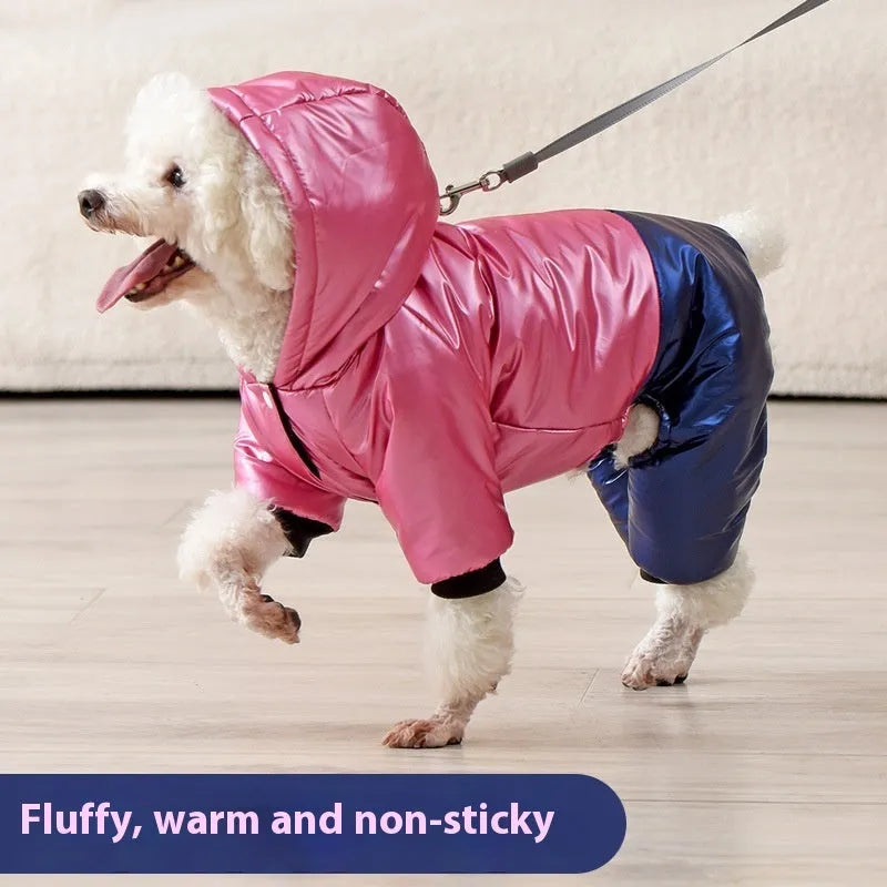 Green pink or white waterproof four-legged cotton padded dog coat shown in sizes S to 3XL
