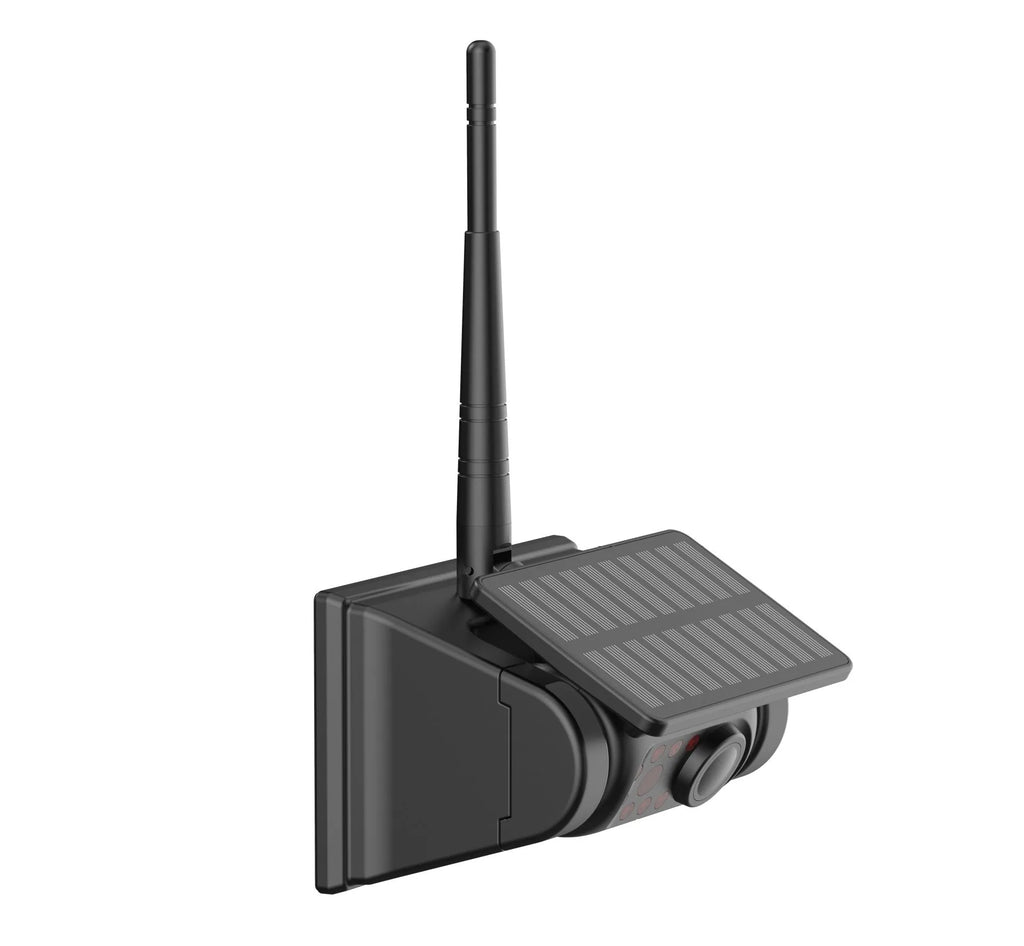 YL-Solar WF908 solar-powered wireless reversing camera with magnet mount on black aluminium alloy shell.