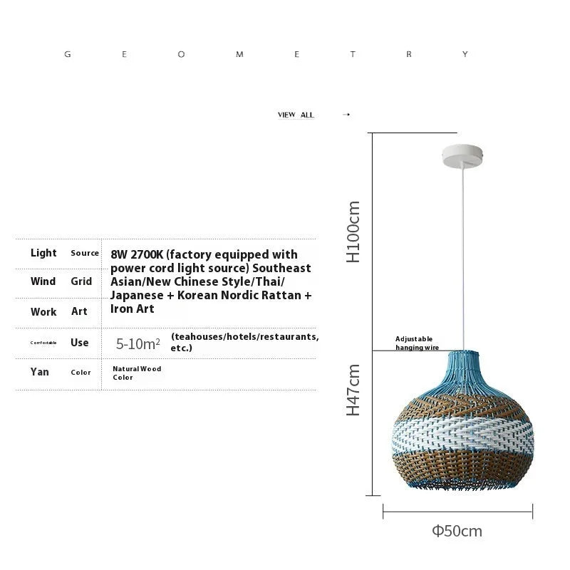 Vine woven pendant lamp with natural texture available in 30cm 40cm and 50cm diameters for pastoral and Southeast Asian interior styles