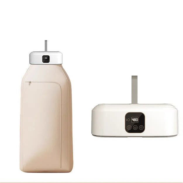 White cylindrical foldable clothes dryer with remote control showing compact 29cm height dimensions