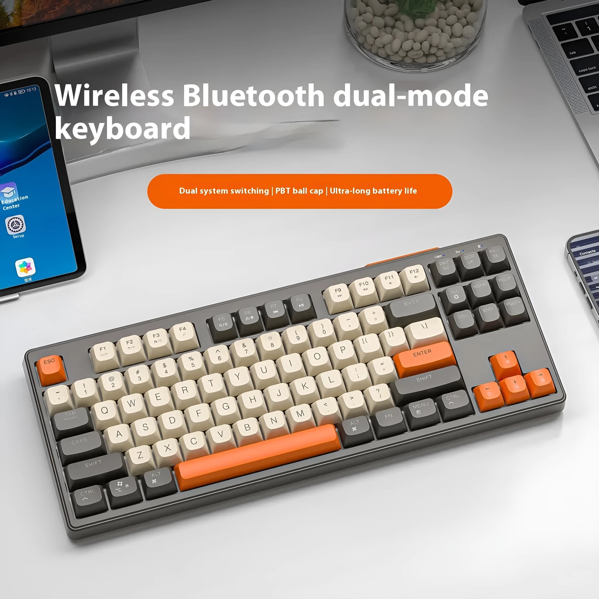 Free Wolf M87 wireless dual-mode keyboard in blueberry colour with compact 87-key layout