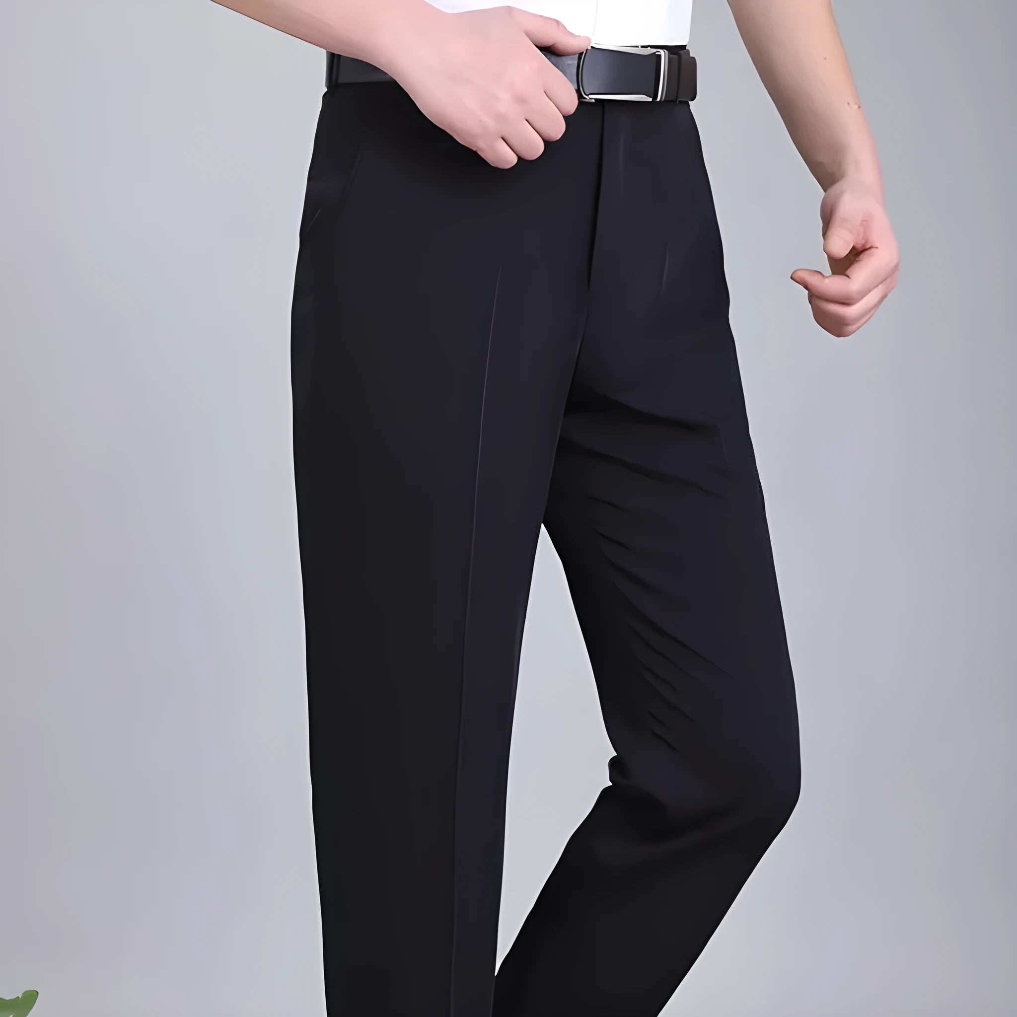 Men's straight cut black mulberry silk blend business trousers with high waist on a hanger.