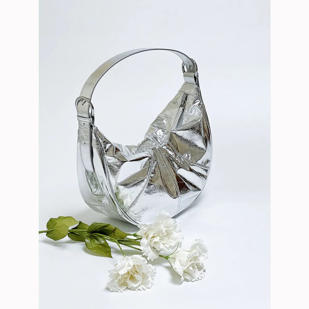 Women's dumpling shaped shoulder bag in soft first layer cowhide leather with double straps