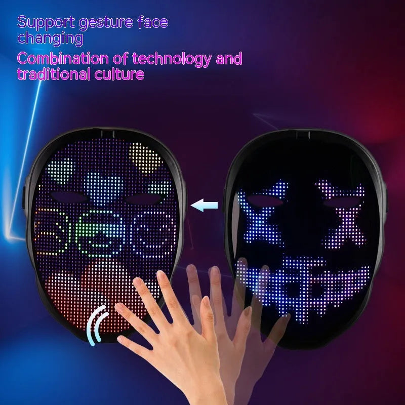 Full colour LED luminous face mask with gesture control and rechargeable battery for Halloween parties