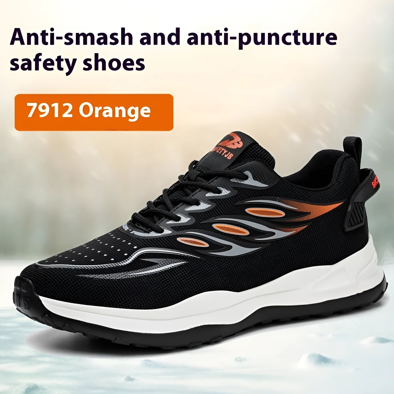 Leather labour protection safety shoes with rubber sole in orange, grey, green, and yellow colours.