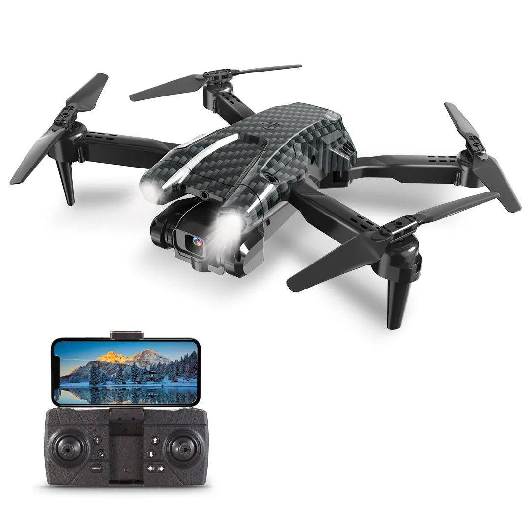 S138 black folding drone with carbon fibre appearance, showcasing folded arms and dual cameras for obstacle avoidance aerial photography.