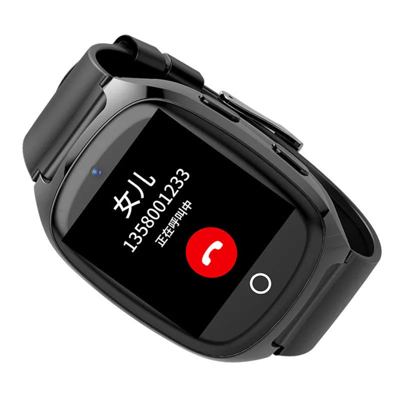 Black GPS tracker phone watch with 1.54-inch touch screen showing SOS and heart rate monitoring features.