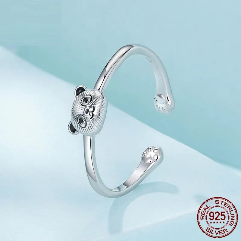 S925 sterling silver panda open ring with adjustable opening on white background