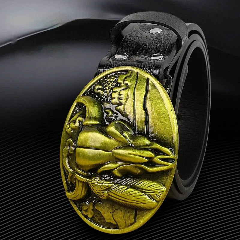 Men's brown imitation leather belt with a detailed silver cow head alloy buckle and pin fastening.