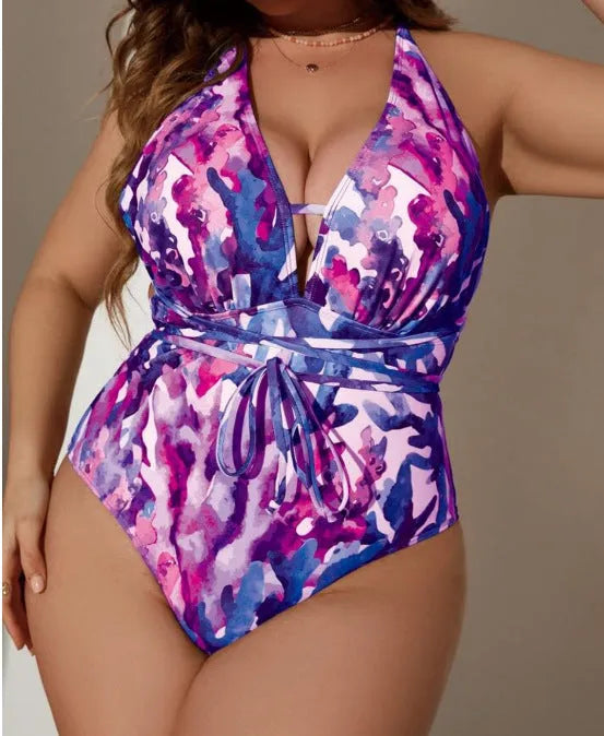 Women's solid purple halter swimsuit bikini with one-piece design