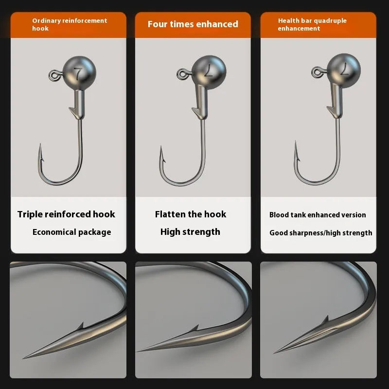 Set of 50 lead-headed steel jig hooks in primary colours for fishing.