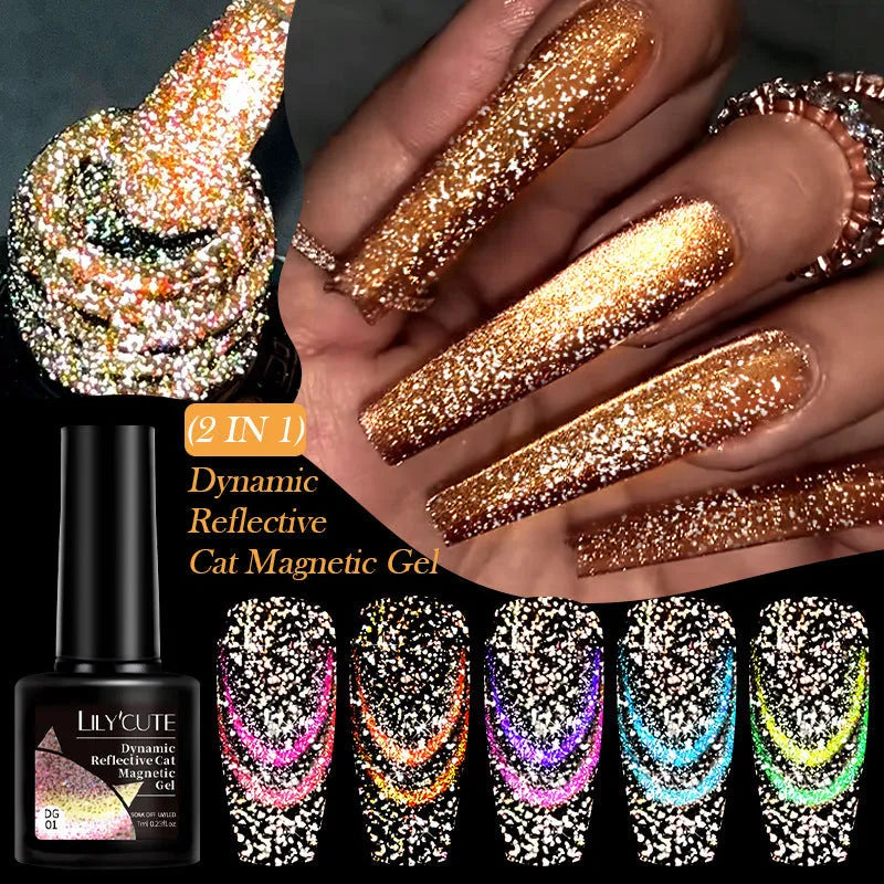 Cat eye nail polish gel bottles in six colours with diamond glitter fragments showing flickering finish