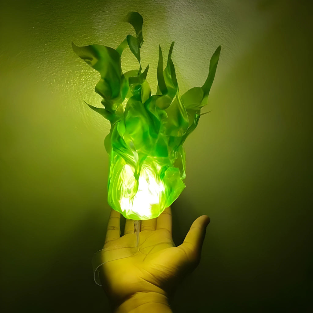 Halloween floating fireball flame ornament with LED lights in grey plastic and cloth construction
