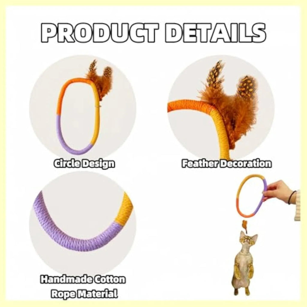 Circular green cotton rope cat toy with feathers for chewing and interactive play