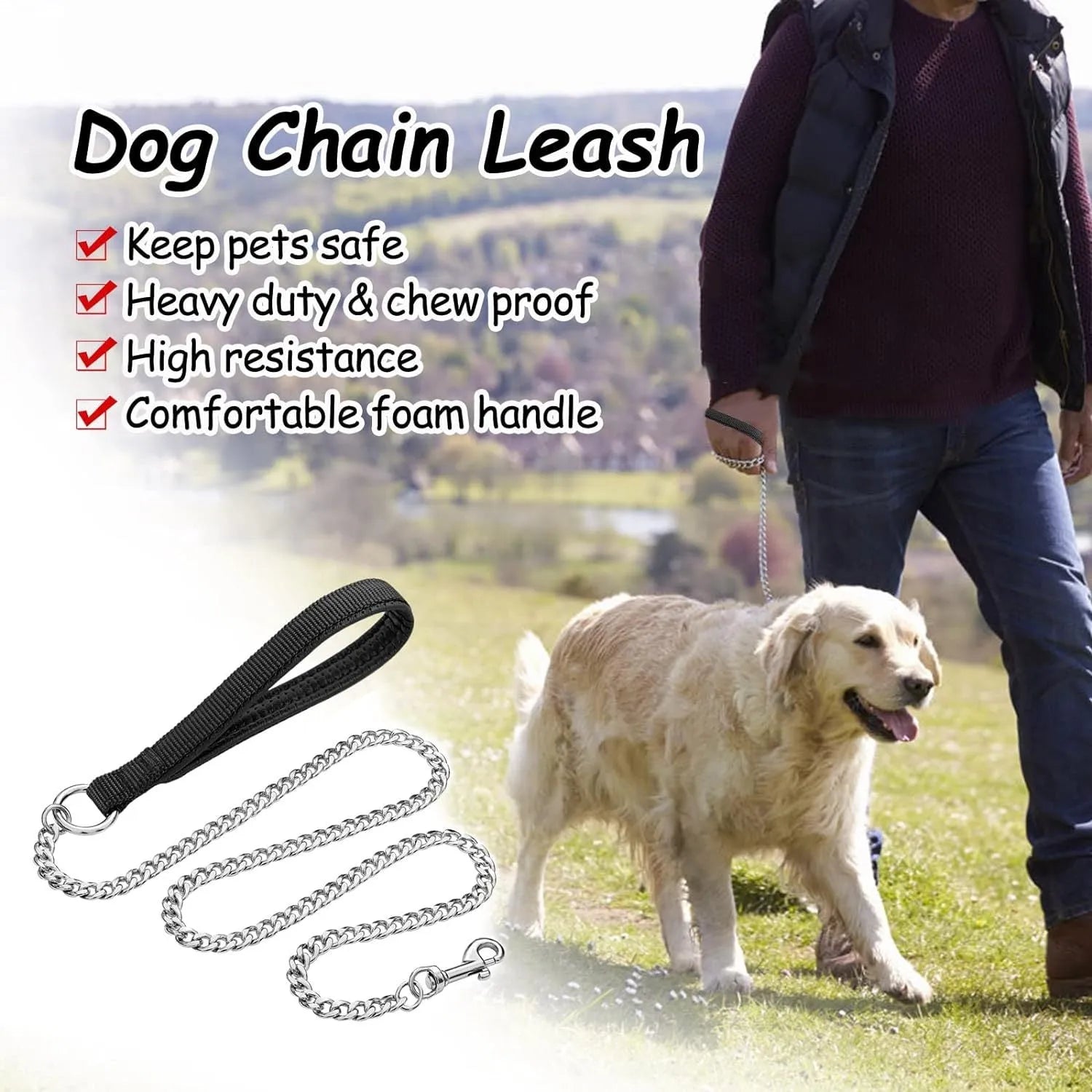 Heavy duty metal dog leash chain with soft black padded handle, shown in red colour.