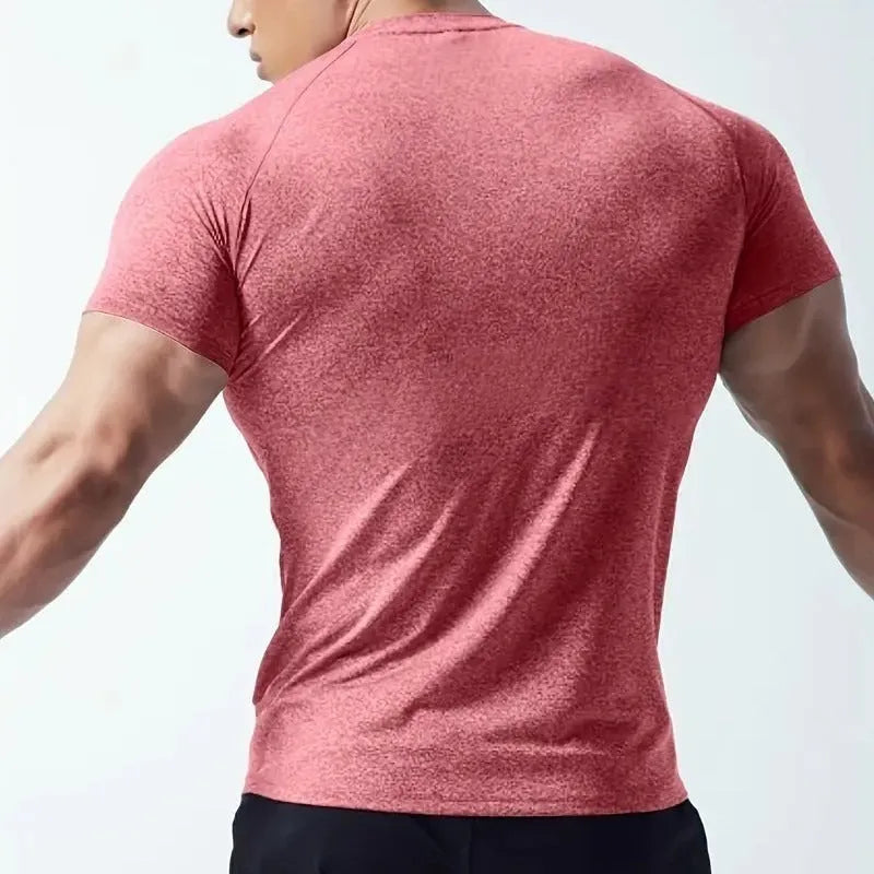Men's black short sleeve casual T-shirt made from quick-dry polyester fabric on a hanger.
