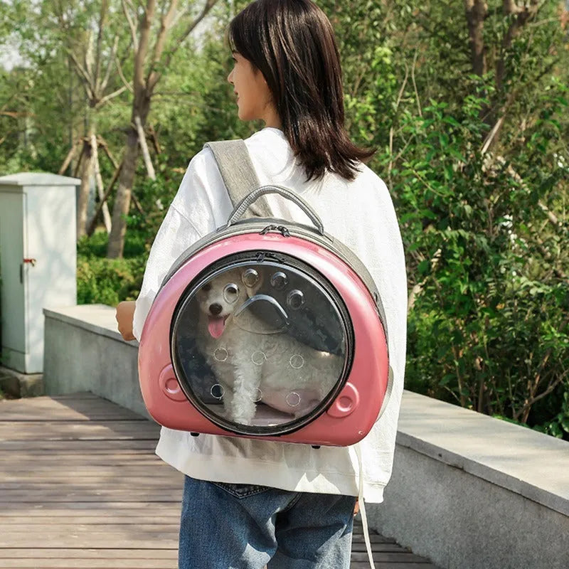 Transparent space capsule cat carrier in rose gold colour with hard-sided design