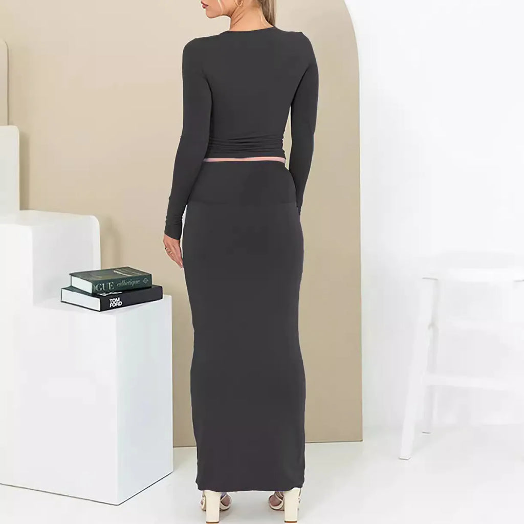 Women's autumn two-piece suit set with exposed navel design and three-quarter sleeves in polyester fabric