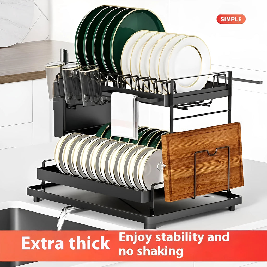 White double-layer kitchen draining rack with removable tray made from carbon steel