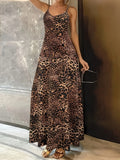 Women's dark brown leopard print dress with sleeveless round neck and long hip skirt