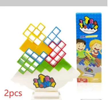 Plastic balance stacking game with 16 coloured building blocks on a chassis
