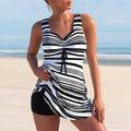 Two-piece striped bikini swimsuit with high-waist boxer bottom for women, plus sizes L to 5XL, black stripe colour
