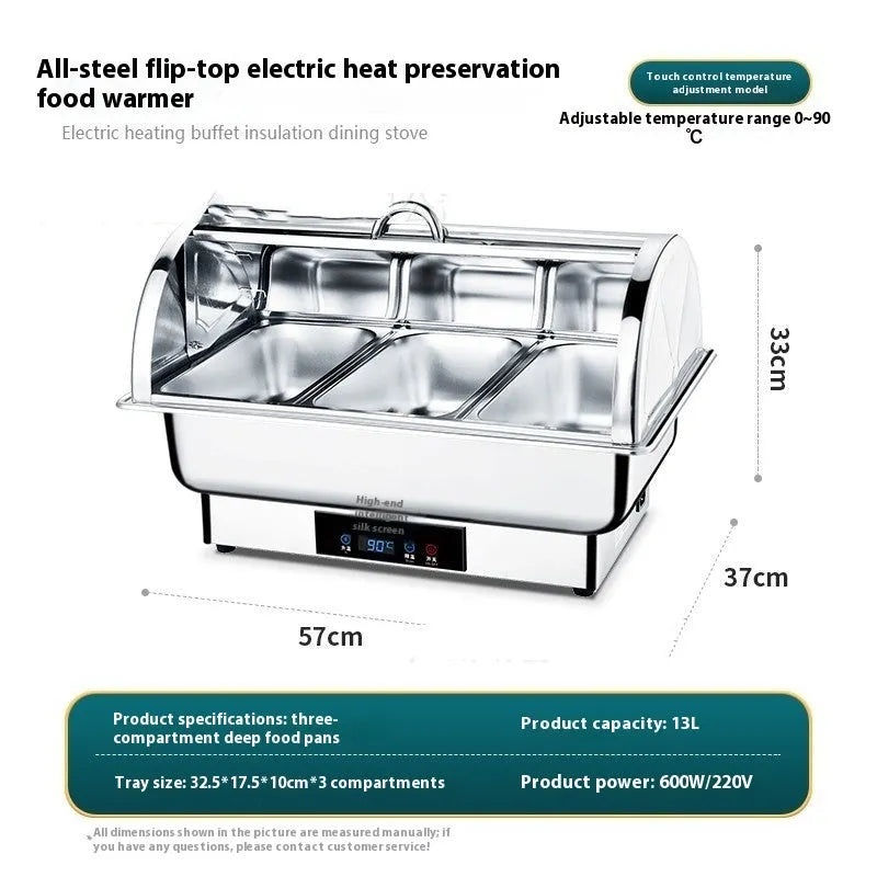 Stainless steel electric buffet stove with a transparent flip lid and LCD control screen.