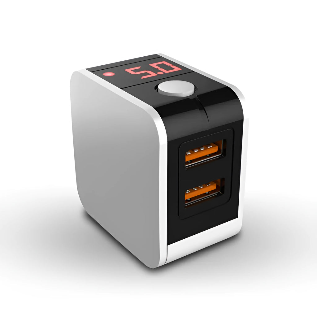 Black dual USB fast charger with digital display showing 5V output and UK plug