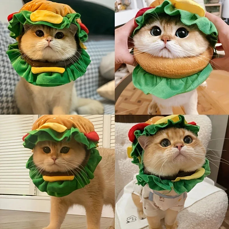 Cartoon burger hat headdress collar for a cat, showing soft fabric construction and collar fastening.